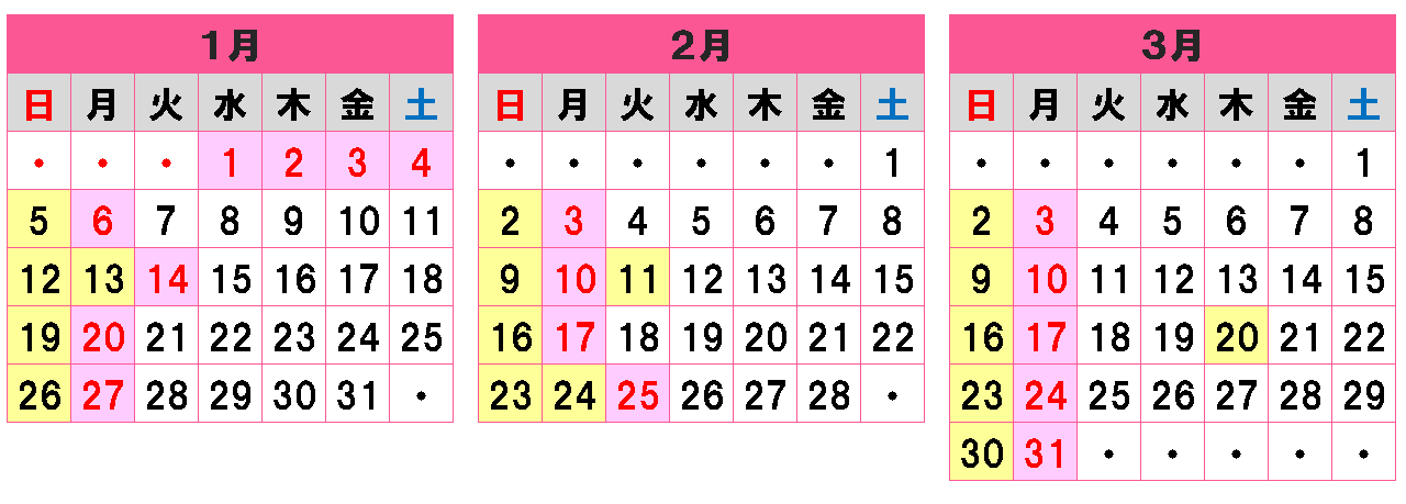 令和７年１月～３月までの開館カレンダー