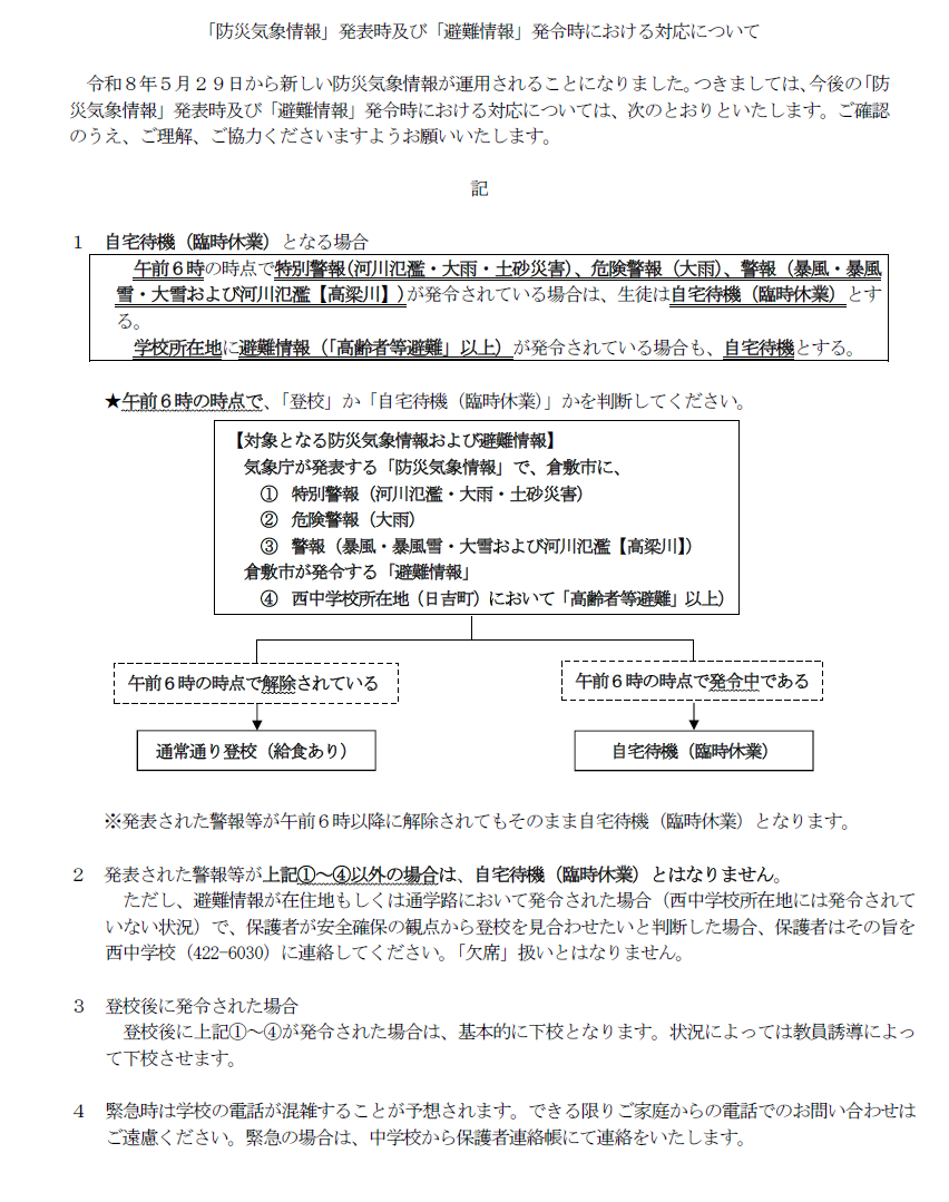 特別警報・暴風警報発令時などの対応について