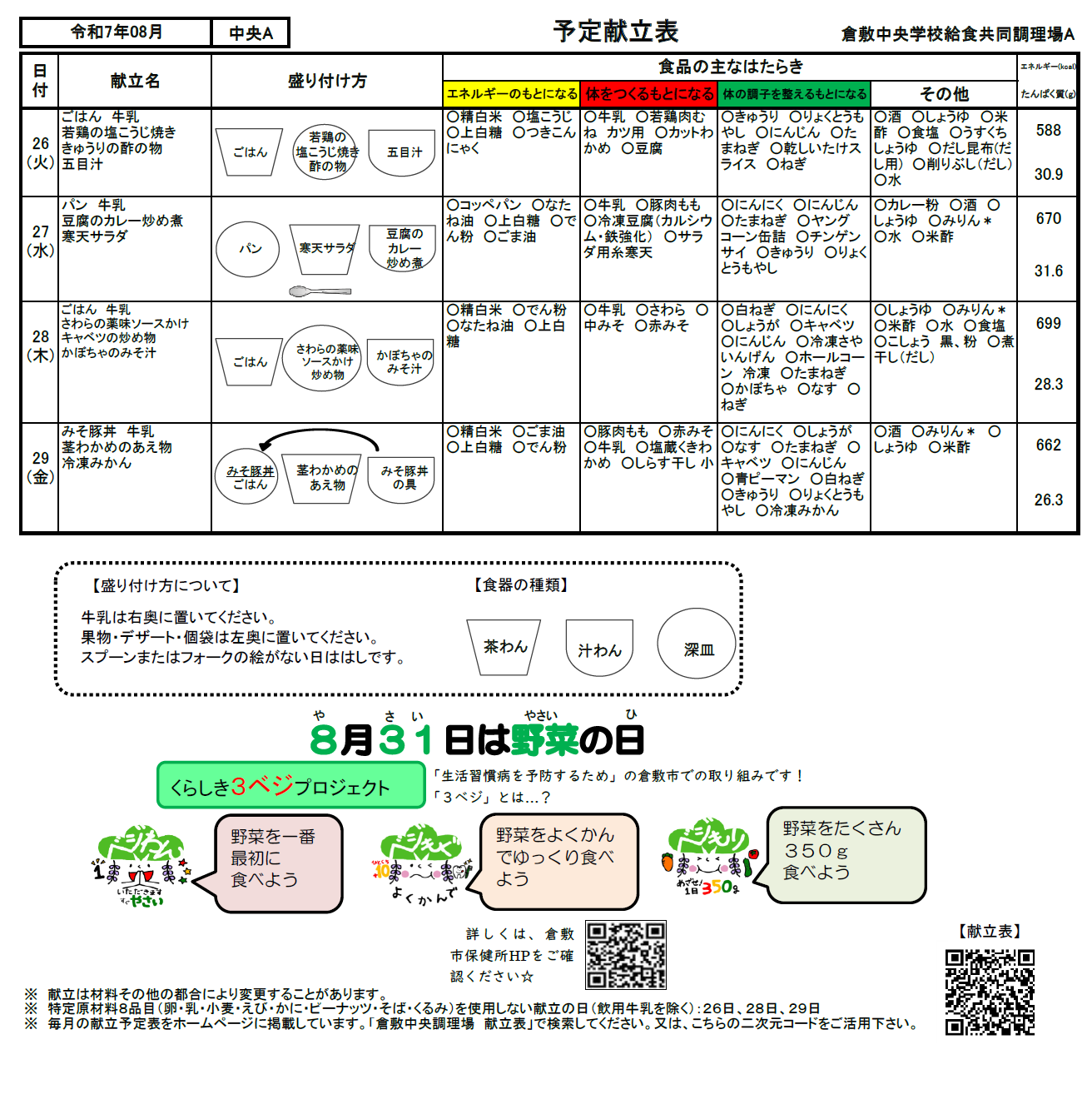 給食予定献立表8月