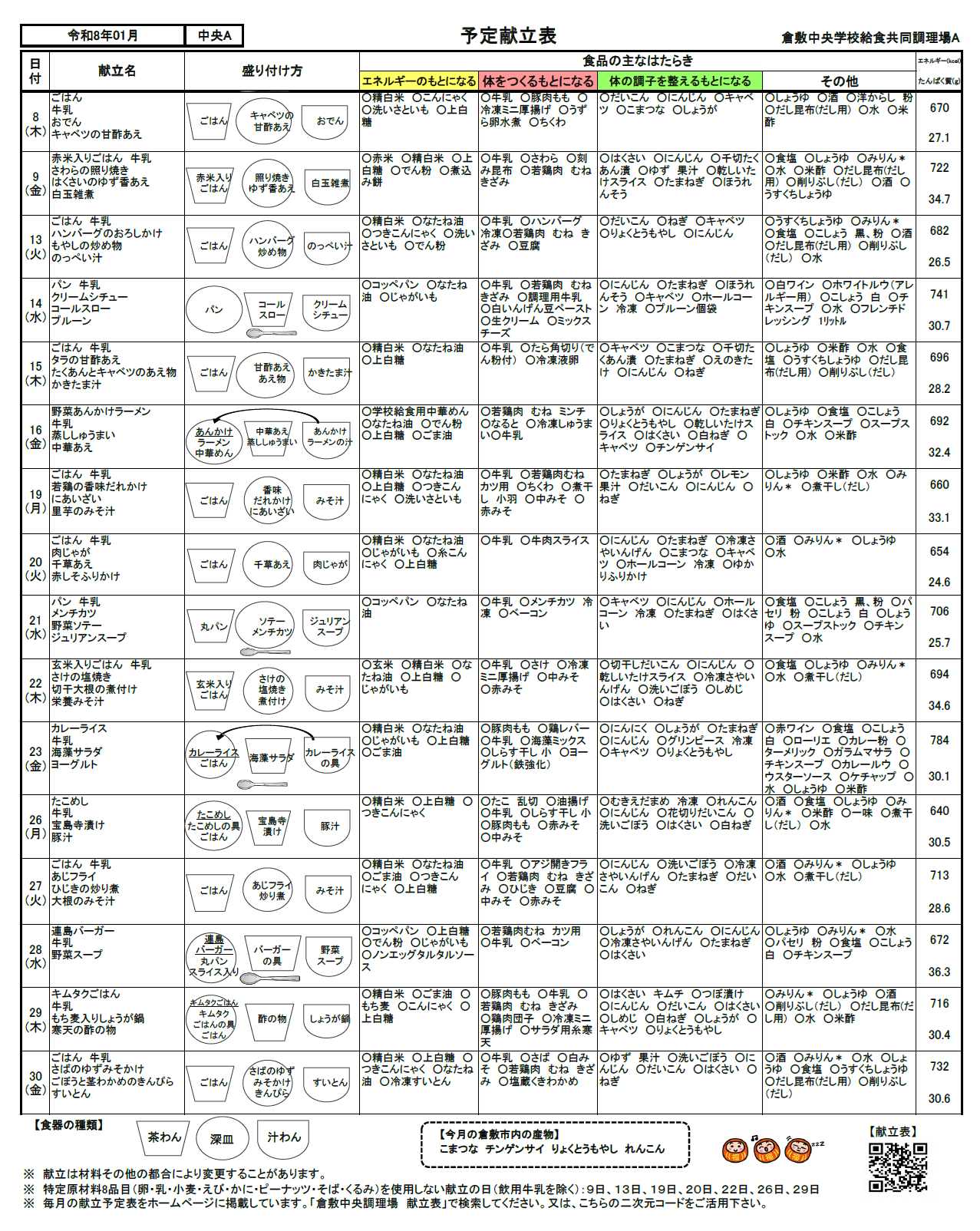 給食予定献立表1月