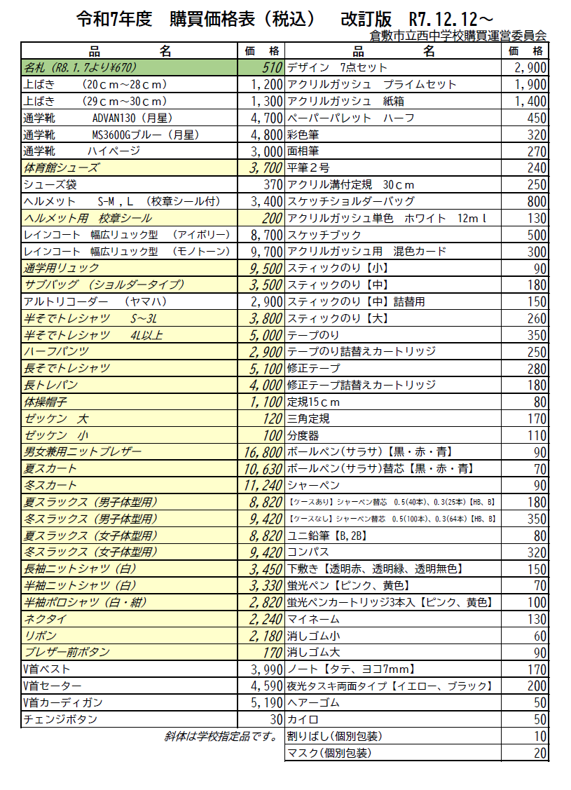 購買価格表（令和７年度より）